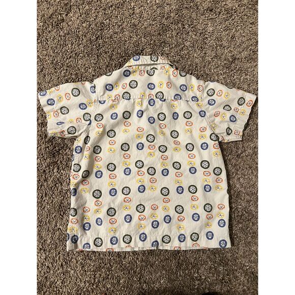 Hanna Andersson 4T Button Up Shirt Circles Wheels Beige Colorful 100% Cotton - Picture 2 of 7